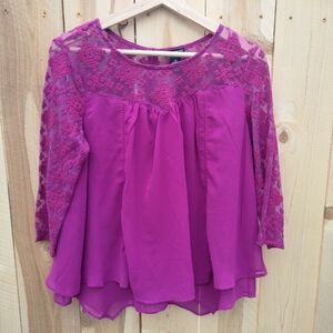 New Directions Petite Womens Size PM Flowy Romantic Lace Top Blouse Pink 3/4 Sl.